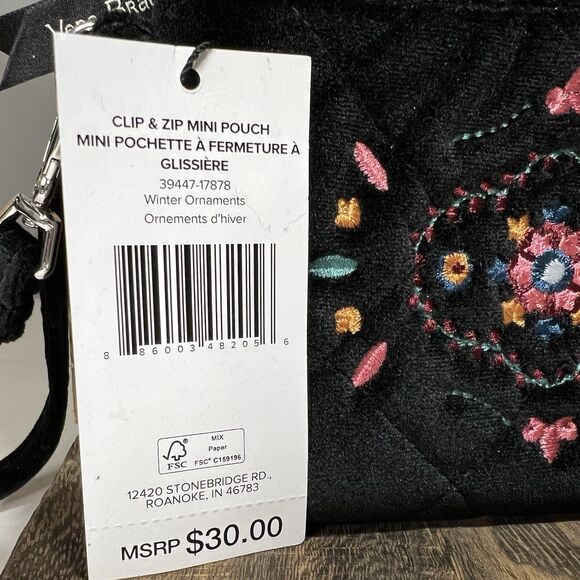Vera Bradley Black Velvet Winter Ornaments Clip & Zip Mini Pouch Embroidered New - Picture 2 of 8